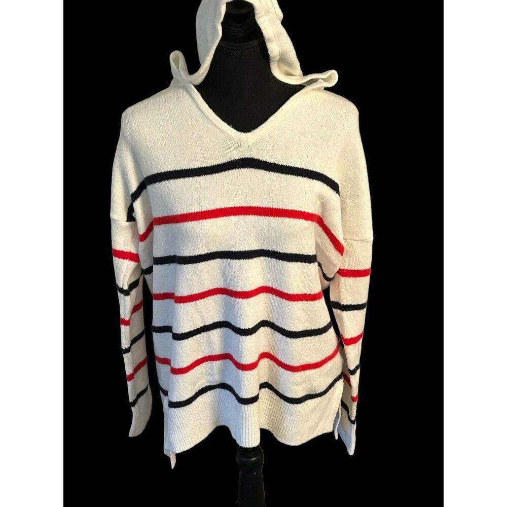 Rachel Zoe White With Stripes Long Sleeve‎ Hooded Pullover Sweater Womens Size M